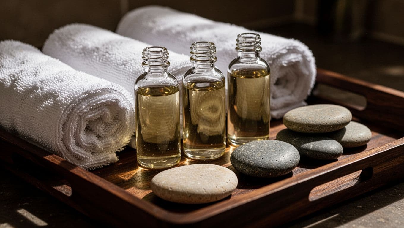 Towels, massage oils, and smooth stones arranged on a dark wooden tray.